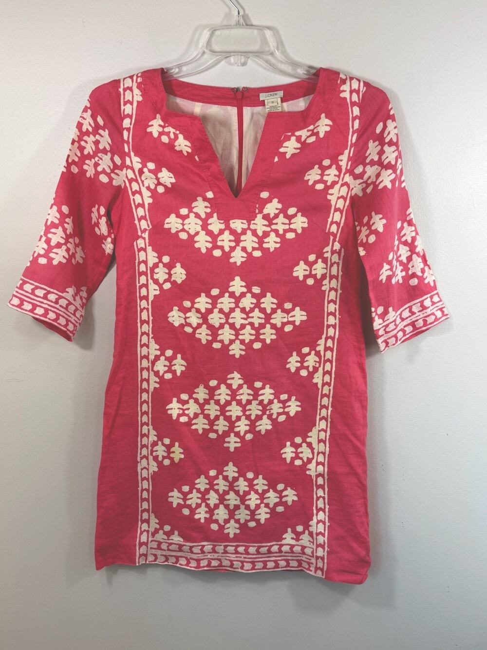 J Crew Java Linen Shift Dress Womens Size 0 Pink Ikat Resort Coastal